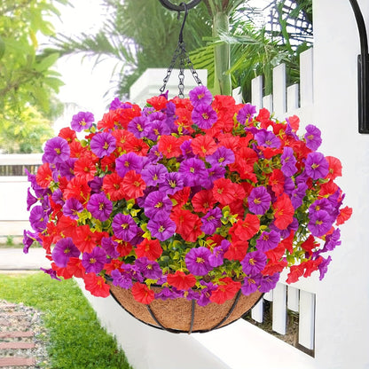 Artificial Flowers Hanging Petunia Arrangement with Included Planter Container and Six Color Options
