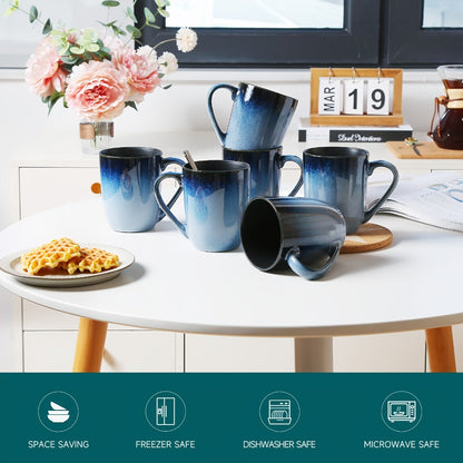 Six-Piece Blue Gradient Coffee Mug Set with Straight Handles and 14-Ounce Capacity Label Pictured