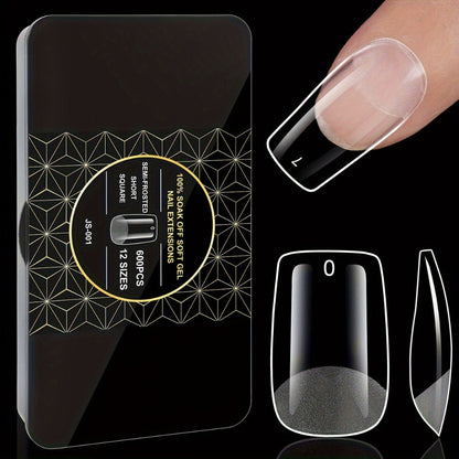Clear Full-Cover Nail Tips, 600-Piece Set in Nine Almond, Oval, Stiletto, Coffin and Square Length Options