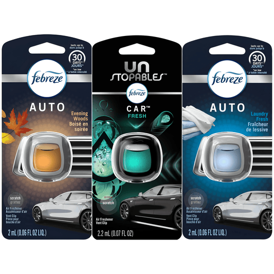 Car Vent Clip Air Freshener 3-Pack – Febreze Auto Odor Eliminator, Unstopables Fresh, Evening Woods & Laundry Fresh, 30-Day Scent for Cars & Trucks