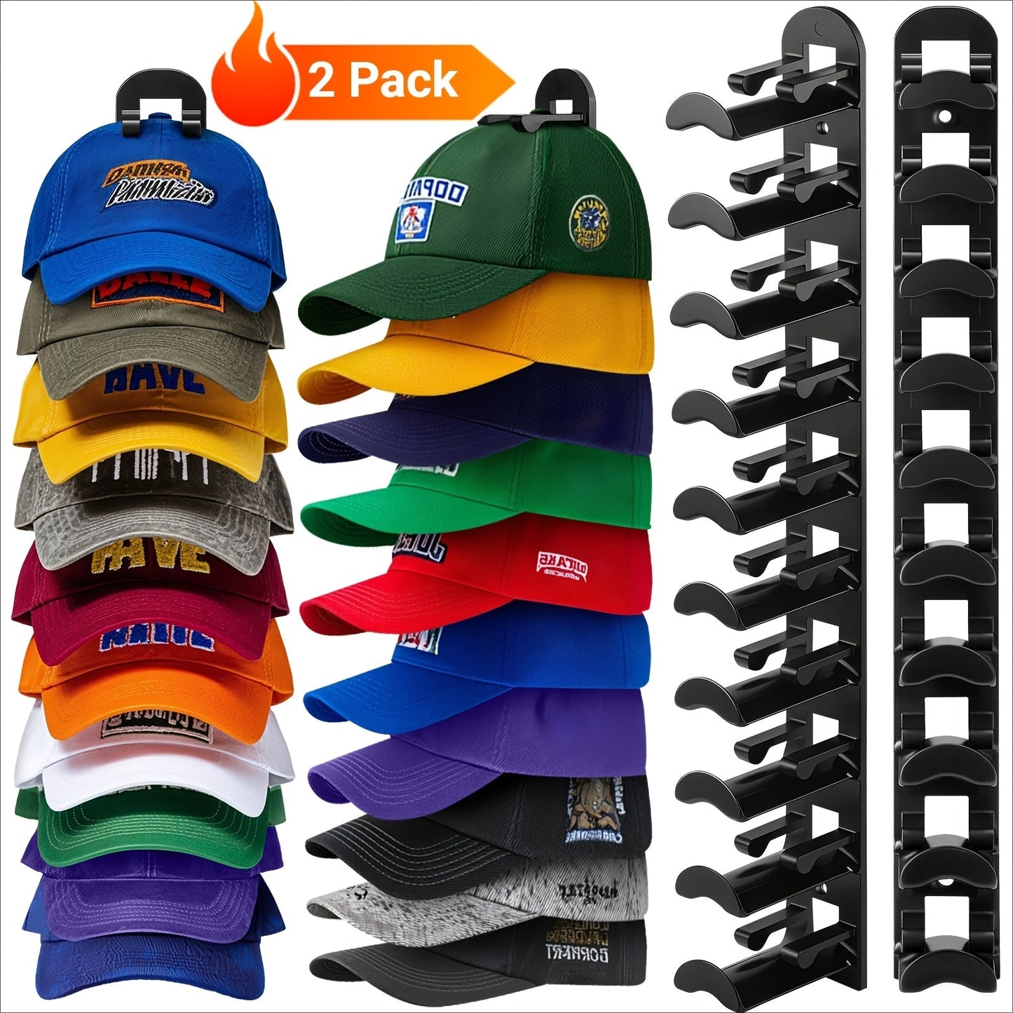 Wall Mounted Hat Rack for Baseball Caps – Adhesive or Drill Mount, Holds 20 Hats, Multilayer Storage, 2pcs