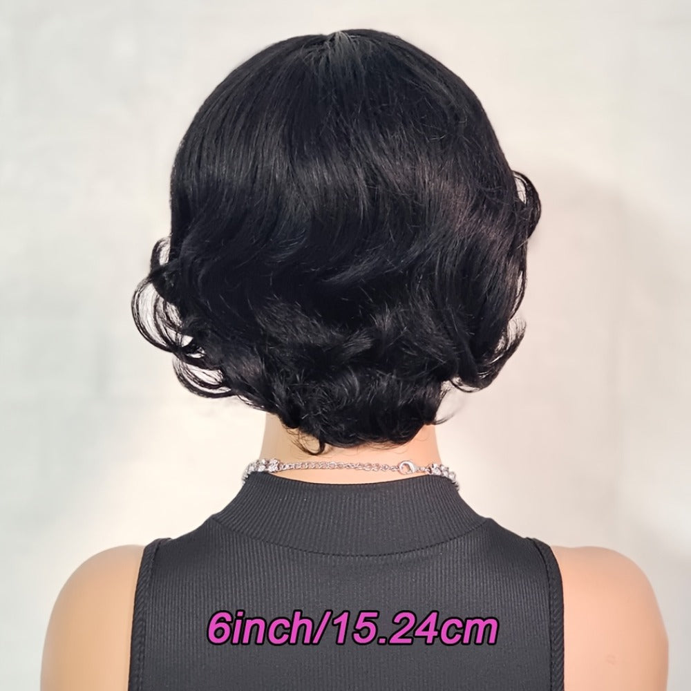 Pixie Cut Human Hair Wig with Bangs in 1B or Number 4 Color and 6 or 8 Inch Length Options