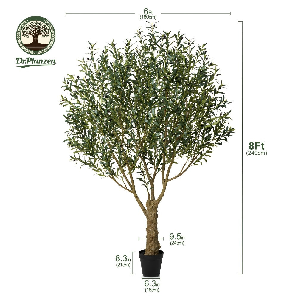 Potted Olive Artificial Tree with 5, 6, 7 and 8 ft Height Options, Black Planter and Branching Green Leaves