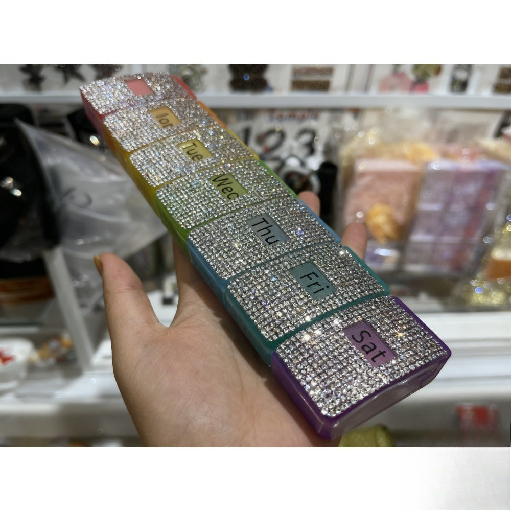 Rhinestone Weekly Pill Organizer with Seven Color-Coded Day Compartments in Slim Rectangular Case