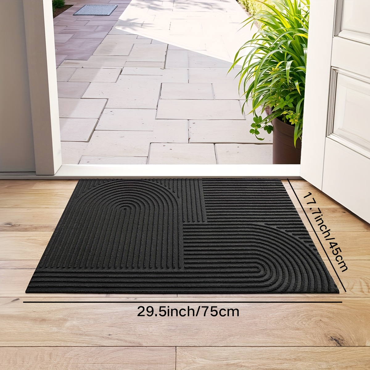 Time Arc Door Mat with Geometric Groove Pattern in Black, Gray or Brown and Two Rectangular Sizes