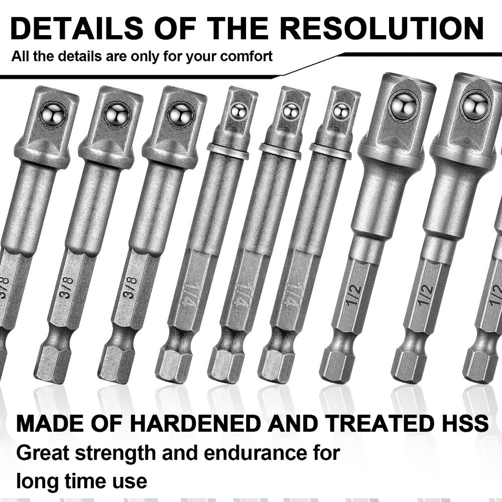 Impact Socket Adapter Set - 1/2" 3/8" 1/4" Square Drive Hex Bit Adapter for Drills & Impact Drivers, Extension Socket Converter for Automotive & DIY Repair, Silver