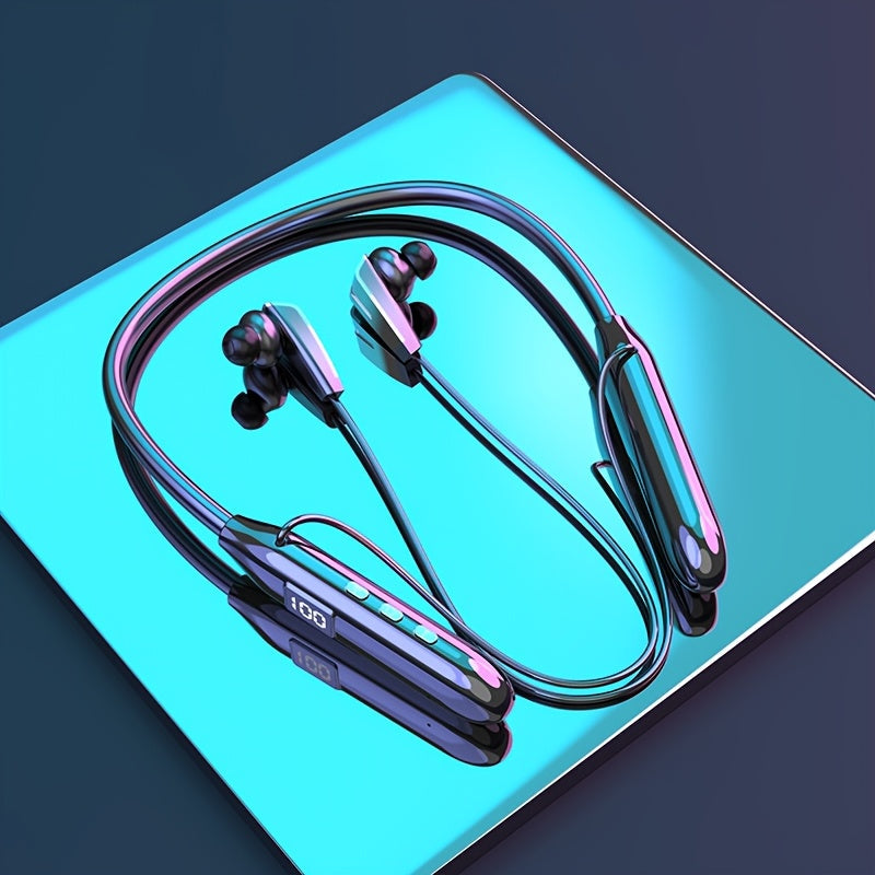 Neckband Sport Bluetooth Earphones Wireless In-Ear Flexible Neckband Extra Long Battery Life LED Display Running Gym Workout Calls Gaming Outdoor Activities Black