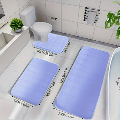 Channel-Stitched Three-Piece Padded Bath Mat Set with Long Runner and Two Matching Rugs in Nine Solid Colors