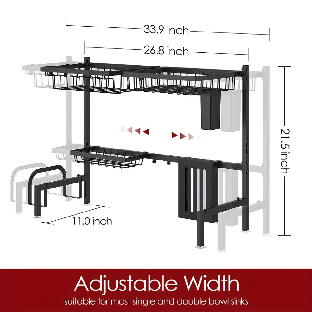 Over-Sink Dish Drying Rack Kitchen Organizer, 30-33.9-Inch Two-Tier Frame with Seven Removable Accessories