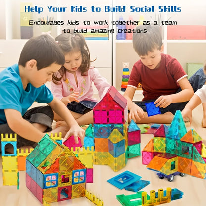 Magnetic Tiles 120-Piece Translucent Castle Building Set with Two Rolling Car Bases and Multicolor Shapes