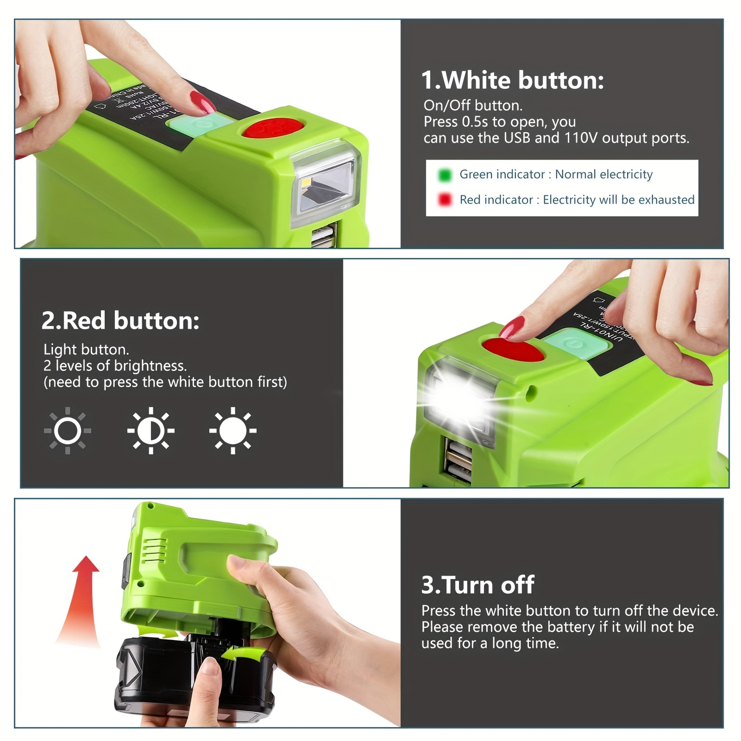 150W Power Inverter Adapter for RYOBI-Style 18V Battery Interface with AC Outlet, Dual USB and LED Light