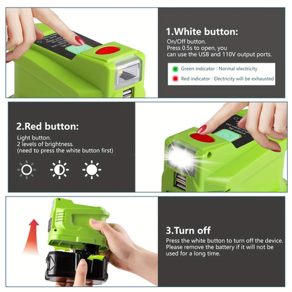 150W Power Inverter Adapter for RYOBI-Style 18V Battery Interface with AC Outlet, Dual USB and LED Light