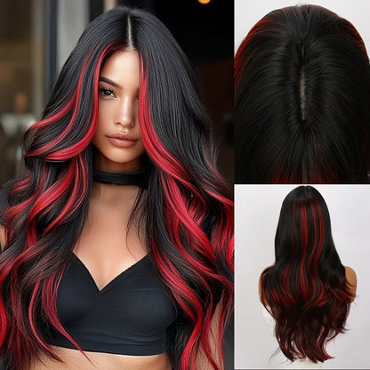 Synthetic Wig 24-Inch Straight Style with Red Highlights, A-Shape Bangs and Adjustable Rose Net Cap