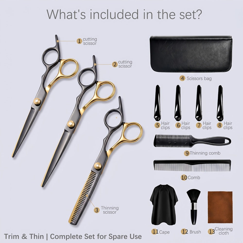 13-Piece Hair Cutting Scissors Kit with Straight and Thinning Shears, Combs, Cape and Storage Case