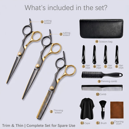 13-Piece Hair Cutting Scissors Kit with Straight and Thinning Shears, Combs, Cape and Storage Case