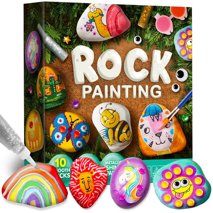 Rock Painting Craft Kit with 10 Stones, 16 Paint Colors, Brushes, Gems, Glitter and Stickers