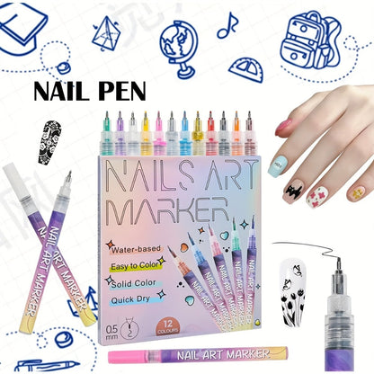 Nail Art Pens 12-Color Water-Based Marker Set with Round Clear Bodies and Extra-Fine Detail Tips