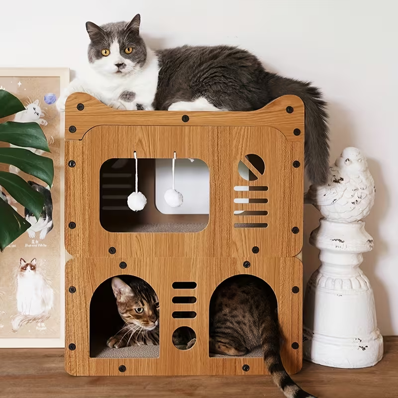 Cat Tree Condo House with Scratching Board - Multi-Level Cat House for Indoor Cats with Dual Scratching Posts, Plush Balls & Ventilation Doors, 21 Inch Spacious Cat Tower for Kittens & Adult Cats, Double Layer & Three Floor Options