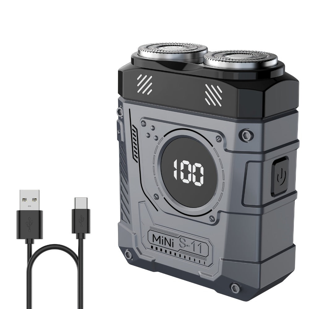 Compact Mecha-Green Dual-Rotary Electric Shaver with Front Battery Display and USB Cable Pictured
