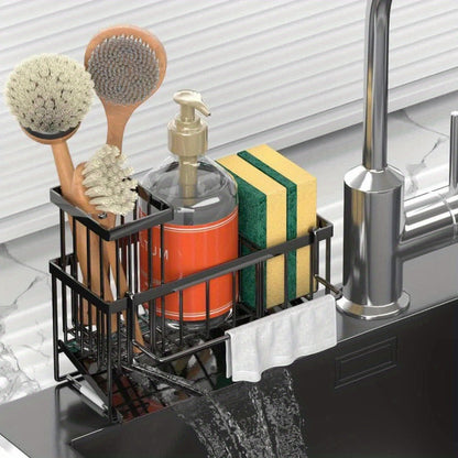 Black Sink Caddy with Drain Tray, Hanging Dishcloth Bar, Brush Holder and 23.5 cm Countertop Width