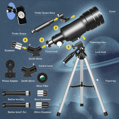 70mm Aperture Telescope 150X for Adults & Kids – Portable Astronomical Telescope with Tripod, Phone Holder, Barlow Lens & Eyepiece, Best Gift for Stargazing, Nature & Education