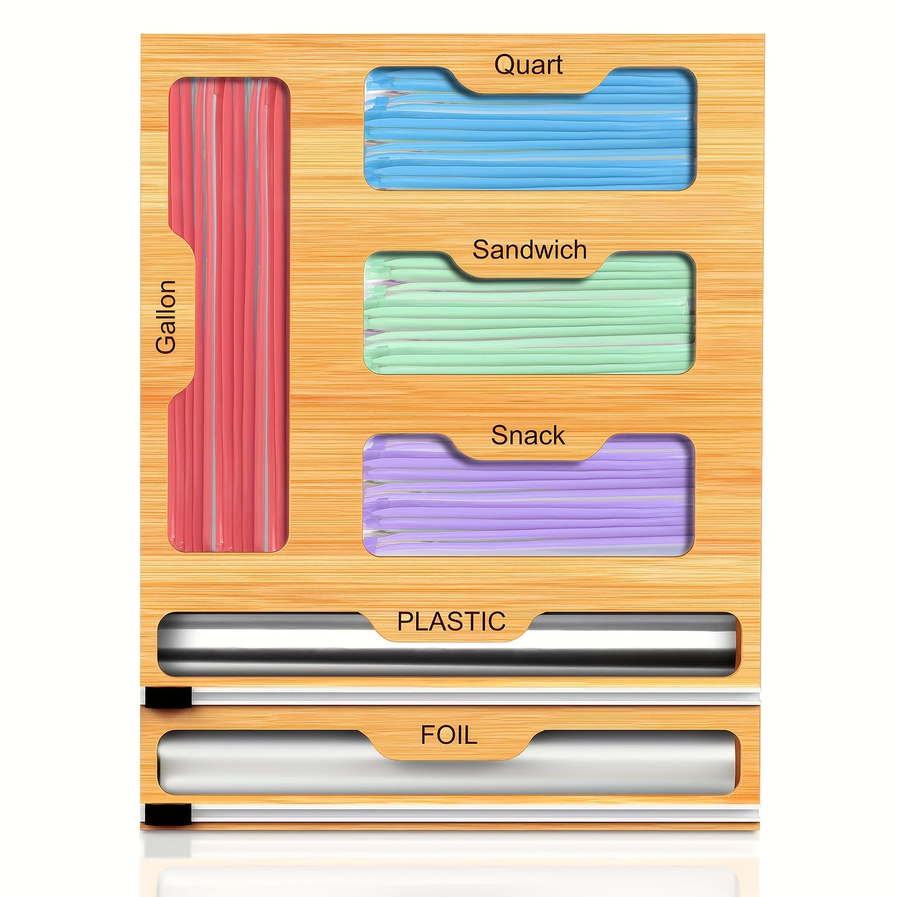 Foil and Bag Dispenser Kitchen Organizer 6-in-1 Bamboo Drawer Box with Built-In Cutter for Home Storage