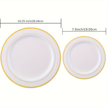 Gold Plastic Plates Disposable Dinnerware Set 350pcs, 50 Dinner Plates, 50 Dessert Plates, 50 Gold Rim 9oz Cups & 50 Gold Cutlery Sets