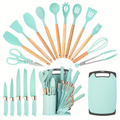 19-Piece Kitchen Knife & Utensil Set with Wooden Handles, Non-Stick Blades, Silicone Cooking Tools, Cutting Board, Scissors & Holder