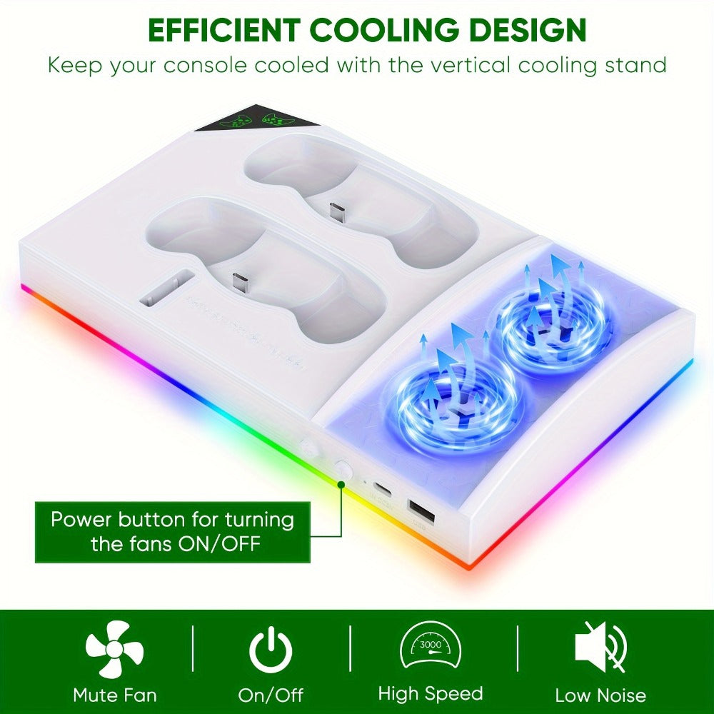 Xbox Series S Cooling Stand RGB with 15 Colorful Lights, Dual Controller Charging Station & Cooler Base – Includes 2x 1400mAh Rechargeable Batteries, Upgraded Fan Cooler for Xbox Series S Console