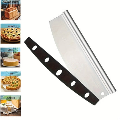 Half-Moon Rocker Kitchen Knife with Cylindrical Top Handle and Black Perforated Blade Cover