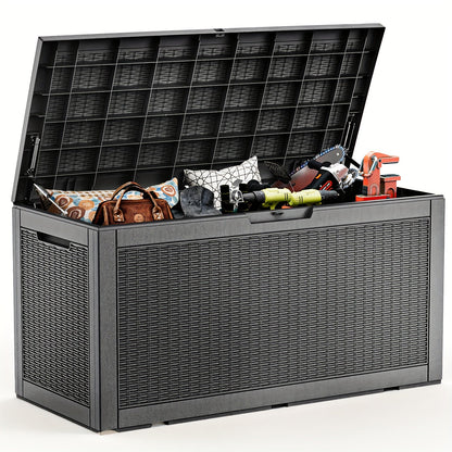100-Gallon Rattan-Style Outdoor Deck Box with Lockable Lid, Lift Supports and Black Finish