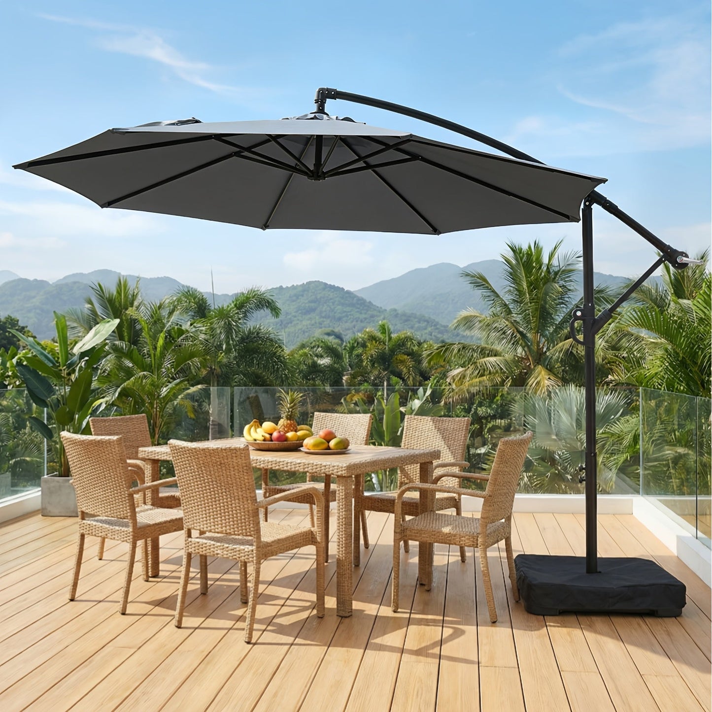 Patio Umbrella 10FT Cantilever Hanging Style with Crank, Push Tilt and Variant-Specific Cross Base