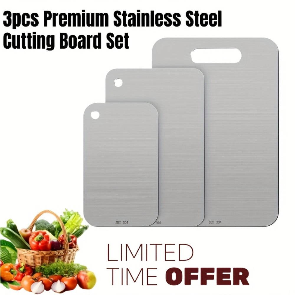 Cutting Board Three-Piece Stainless Steel Set with Rounded Corners, Carry Handles and Three Sizes