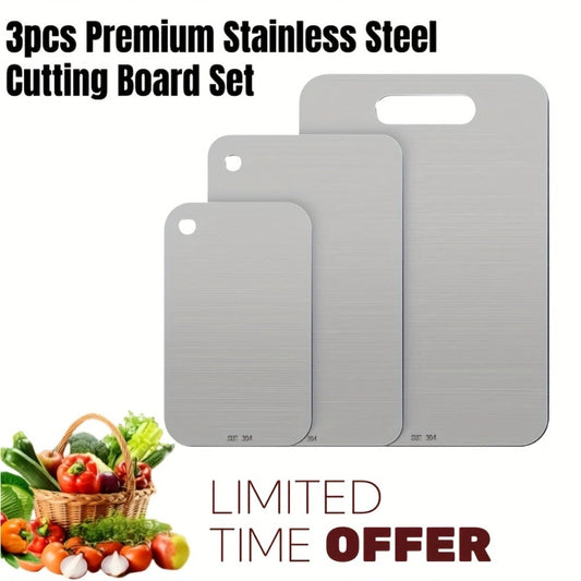 Cutting Board Three-Piece Stainless Steel Set with Rounded Corners, Carry Handles and Three Sizes