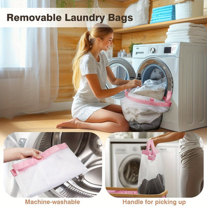 Pink 145L Laundry Hamper with Lid, Three Sorting Sections, Bamboo-Look Handles and Removable Inner Bags