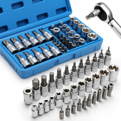 Torx Star Bit Socket Set 34/46-Piece - 3/8" Drive CR-V E-Socket E4-E20, T10-T60, Tamper-Proof TT10-TT55, S2 Steel, 5/16"F to 3/8"M Adapter, Storage Case - For Car, Truck & Home Improvement