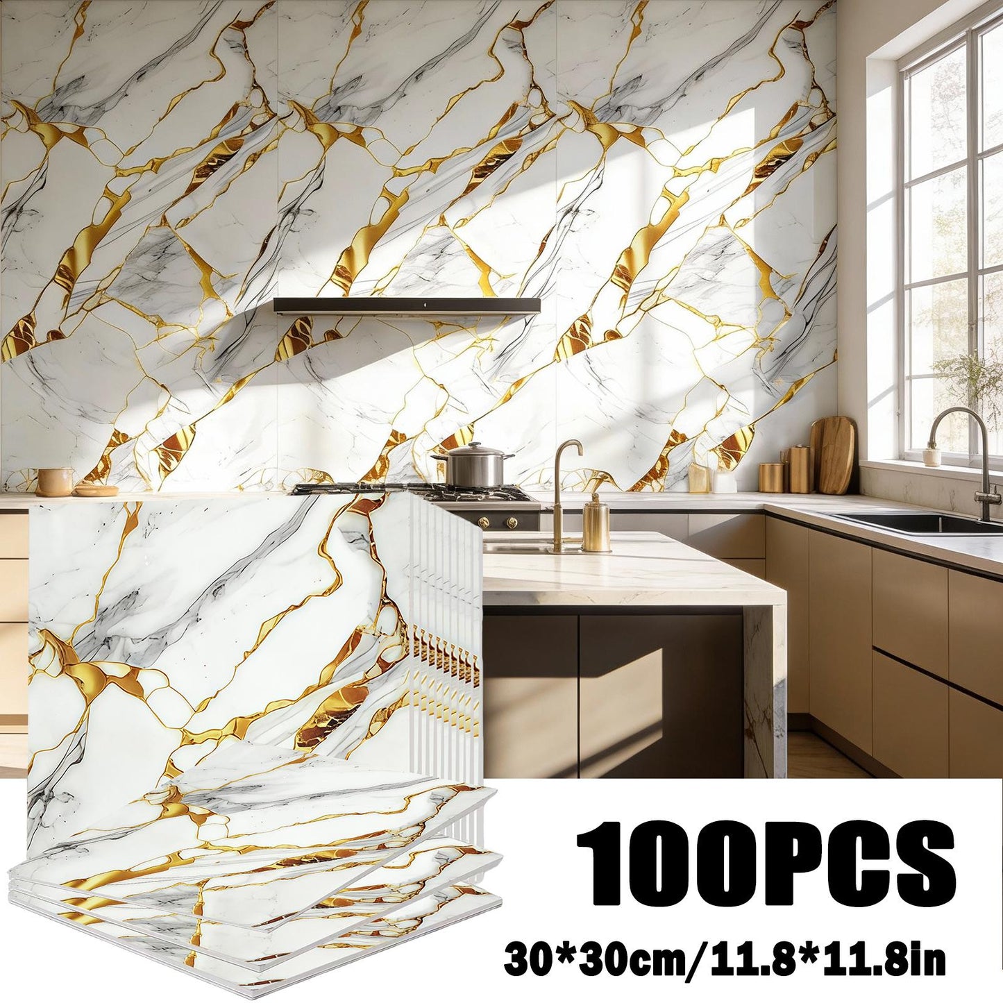 Marble Gold-Vein Wall Tile Sticker Set with 30 cm Panels, Four Colors and 50- or 100-Piece Packs