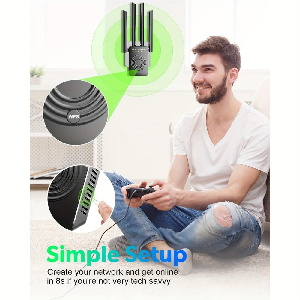 WiFi Range Extender 1200Mbps Dual-Band 2.4/5.8GHz with Four Antennas, WPS Control and Ethernet Port in Black