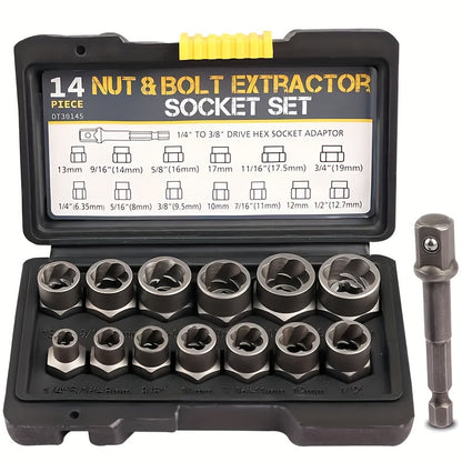 14-Piece Damaged Nut and Bolt Extractor Set with 13 Removal Sockets and 1/4- to 3/8-Inch Adapter