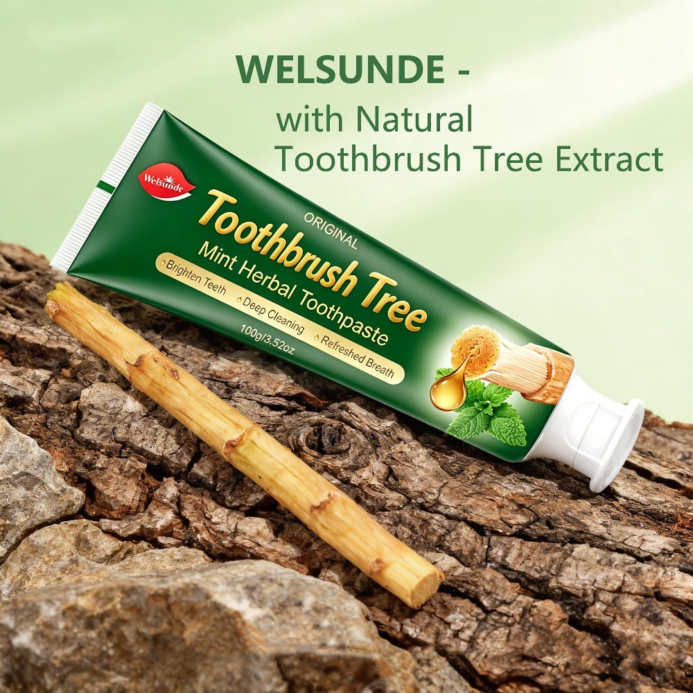 Three-Pack 100g Mint Toothpaste with Flip-Cap Tubes, Cartons and Toothbrush Tree Label Design