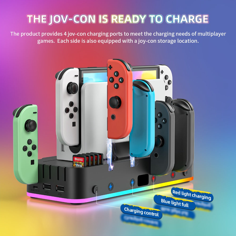 RGB Wall-Mount Organizer Compatible with Switch and OLED, Four Controller Bays, Ten Card Slots and Dual USB Ports