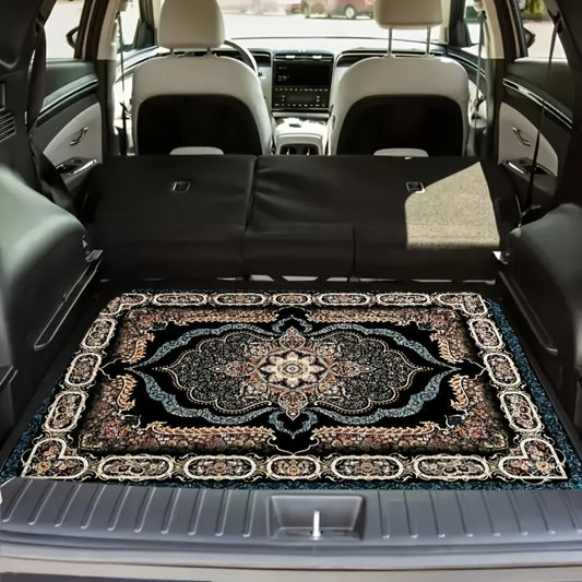 Car Trunk Liner Non-Slip Cargo Mat – Soft Dustproof Machine Washable Auto Trunk Protector with Elegant Black & Gold Intricate Pattern for SUV Sedan Universal Fit
