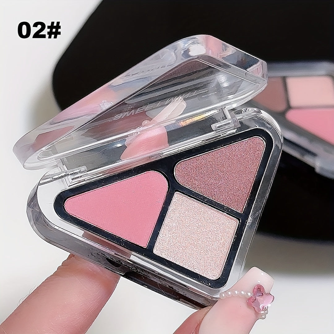 Eyeshadow Palette 3-Shade Triangular Compact with Pink and Brown Color Theme, Clear Lid and Matte-Shimmer Finish Mix