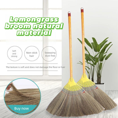 Extra-Long Miscanthus Broom with Soft Full-Length Bristles and Yellow Wrapped Handle for Home Sweeping