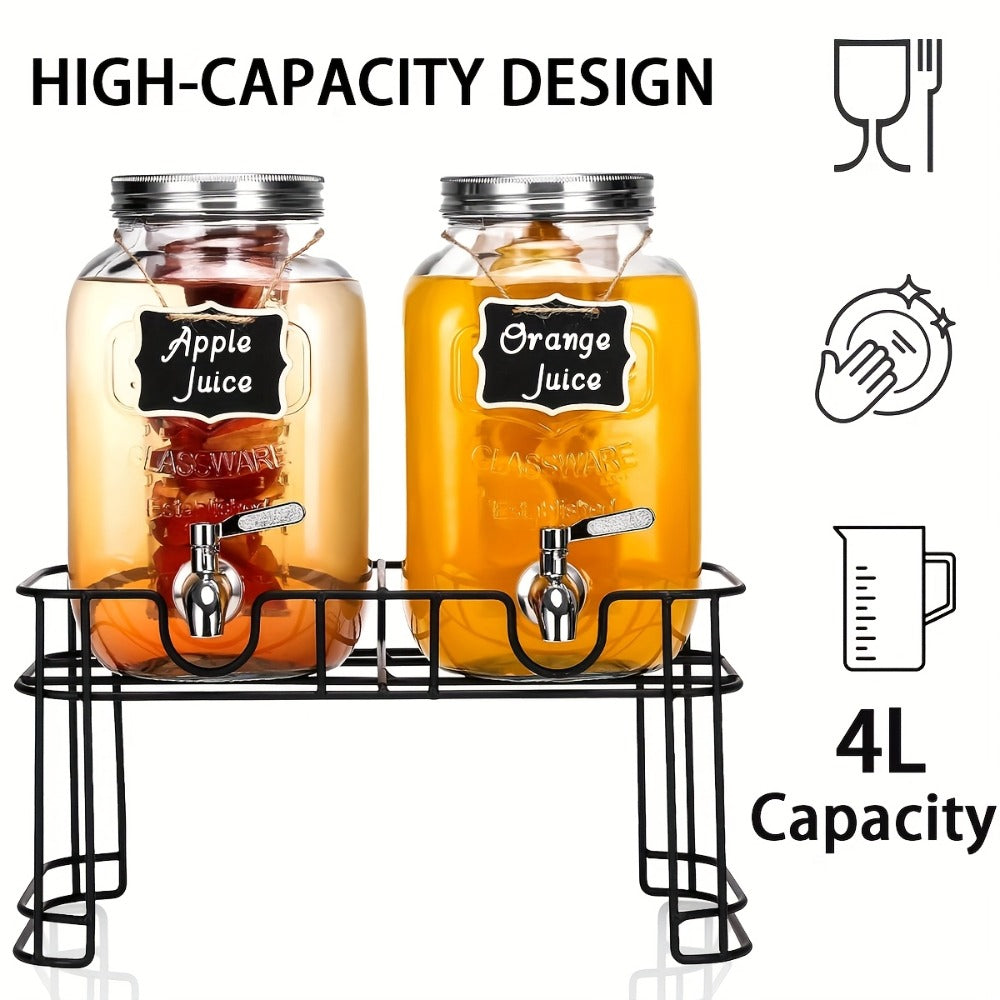 Two 1-Gallon Glass Beverage Dispensers with Spigots and Raised Metal Stand for Parties and Events
