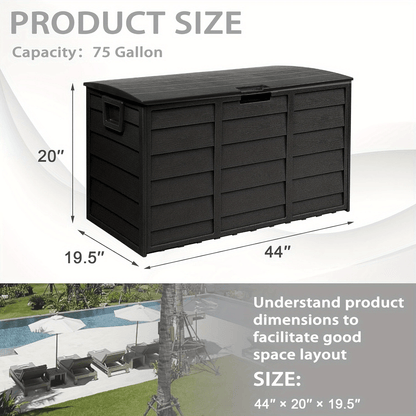 75-Gallon Pure Black Outdoor Storage Box with 44-Inch Pictured Width, Hinged Lid and Side Handles