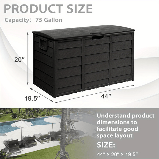 75 Gallon Outdoor Storage Box Deck Box with Handles | Large Waterproof Lockable Cabinet for Pool Accessories, Garden Tools & Camping Gear – Easy Assembly Yard Storage Bin, Pure Black