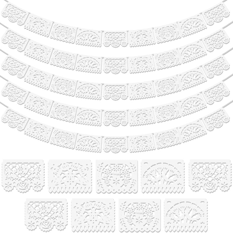Party Decorations Five-Pack White Papel Picado Banner Set with Four Cutout Designs and 90ft Total Length