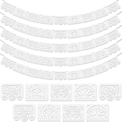 Party Decorations Five-Pack White Papel Picado Banner Set with Four Cutout Designs and 90ft Total Length