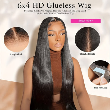 Put On and Go Glueless Human Hair Wig Bone Straight – Pre Cut 6x4.5 Transparent Lace 200% Density Pre Plucked, Ready to Wear in 3 Seconds, Natural Black & Natural Color, 10–34 Inch